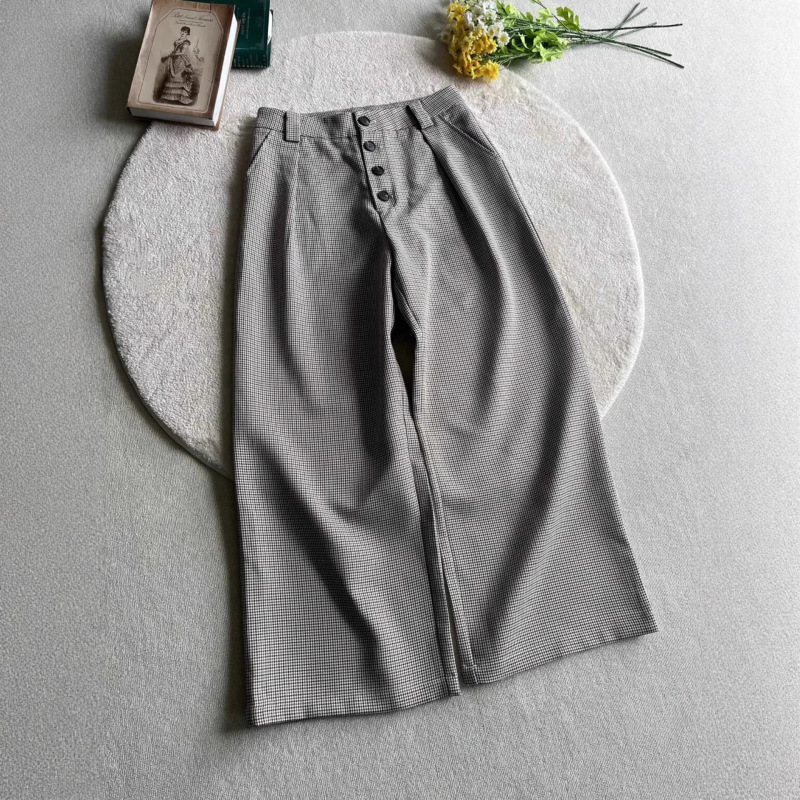Brown Vintage Houndstooth Pleated A-Line Scimitar Dress Pants for Men, Drapey Loose Bf Lazy Style Wide-Leg Pants