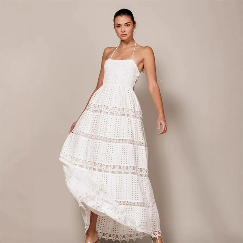 Summer European and American Niche Vacation Style Sexy Elastic Strap Halter Neck Hollow Solid Color Flared Elegant Long Dress