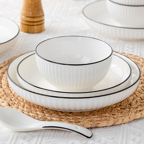 Ceramic tableware set with Yamada vertical pattern, popular household bowl and plate set, DIY tableware, freely combinable bowl and chopsticks, wholesale
