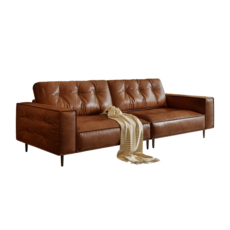 Designer's New Mid-Century Style Oil Wax Leather French Retro Genuine Leather Small Apartment Brown Living Room Home Straight Sofa 5