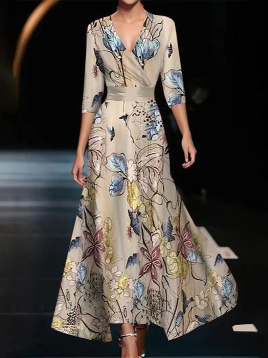 2025 European and American Clothing Amazon V-Neck Retro Printed Waist Dress New Three-Quarter Sleeve Elegant Long Skirt