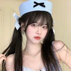 日系蝴蝶结蓝色水手帽海军帽甜美可爱翻檐帽夏季百搭韩版贝雷帽