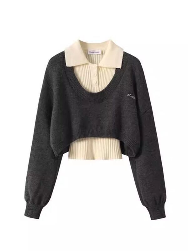 2025 Spring and Autumn New American Style Short Sweater for Petite Women, Stylish Polo Collar Knitwear Two-Piece Set