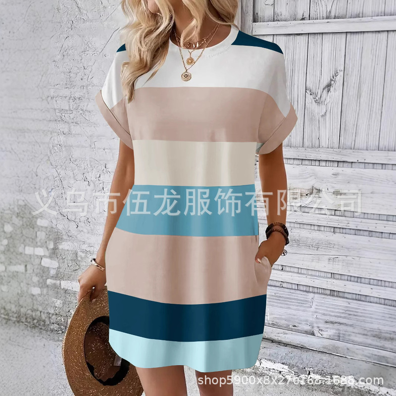 New European and American cross-border milk silk striped dress, round neck, short sleeves, with pockets, loose fit, plus size casual women's clothing New European and American cross-border milk silk striped dress, round neck, short sleeves, with pockets, loose fit, plus size casual women's clothing