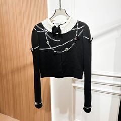 2025冬季新款珍珠提花装饰荷叶领针织开衫外套上衣女