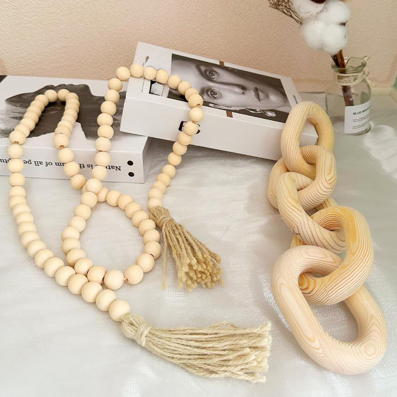2 Pieces of 5-Strand Wooden Bead Decorations, Bohemian Farmhouse Rustic Natural Table Decorations