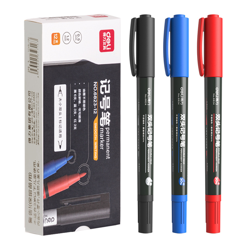 DeLi6824 pequeño marcador de dos cabezas rojo, azul y negro, pluma de pintura, pluma de gancho de línea, pluma de marca de logística expreso, 12 plumas