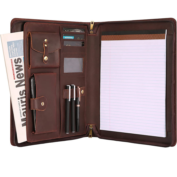 Customized Retro Crazy Horse Leather A4 Folder, Multifunctional Genuine Leather Document Bag That Can Hold Mobile Phones, Tablets, and Laptops