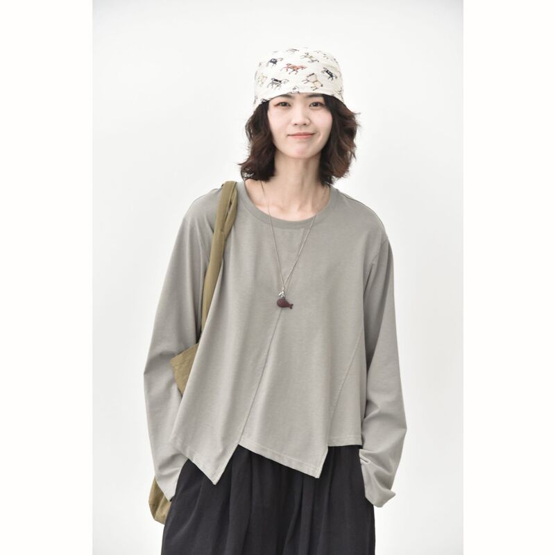 [Three and Two Out] Irregular hem, asymmetrical patchwork, minimalist design, loose-fitting, round-neck early autumn T-shirt 56901 #