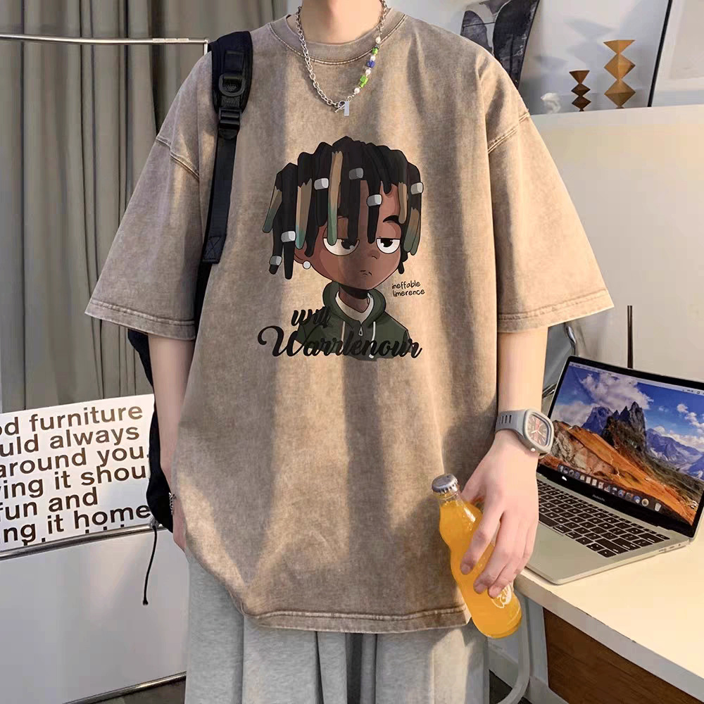 Camiseta de manga corta de algodón puro desgastado lavado retro americano para hombre, camiseta de media manga de marca holgada informal de verano para hombre