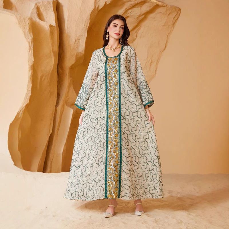 Sw021 European and American Amazon Cross-Border Foreign Trade Dress with Sequin Patchwork Abaya Robe