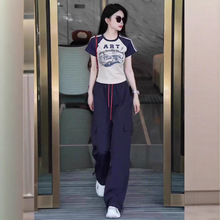欧货潮流运动套装女夏2025新款时尚洋气显瘦短袖工装阔腿裤两件套