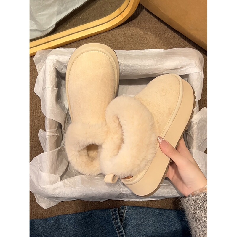 Retro Height-Increasing Thick-Soled Fleece-Lined Half-Slip Birkenstock Shoes for Women, 2025 New Winter Warm Anti-Slip Snow Boots Cotton Slippers