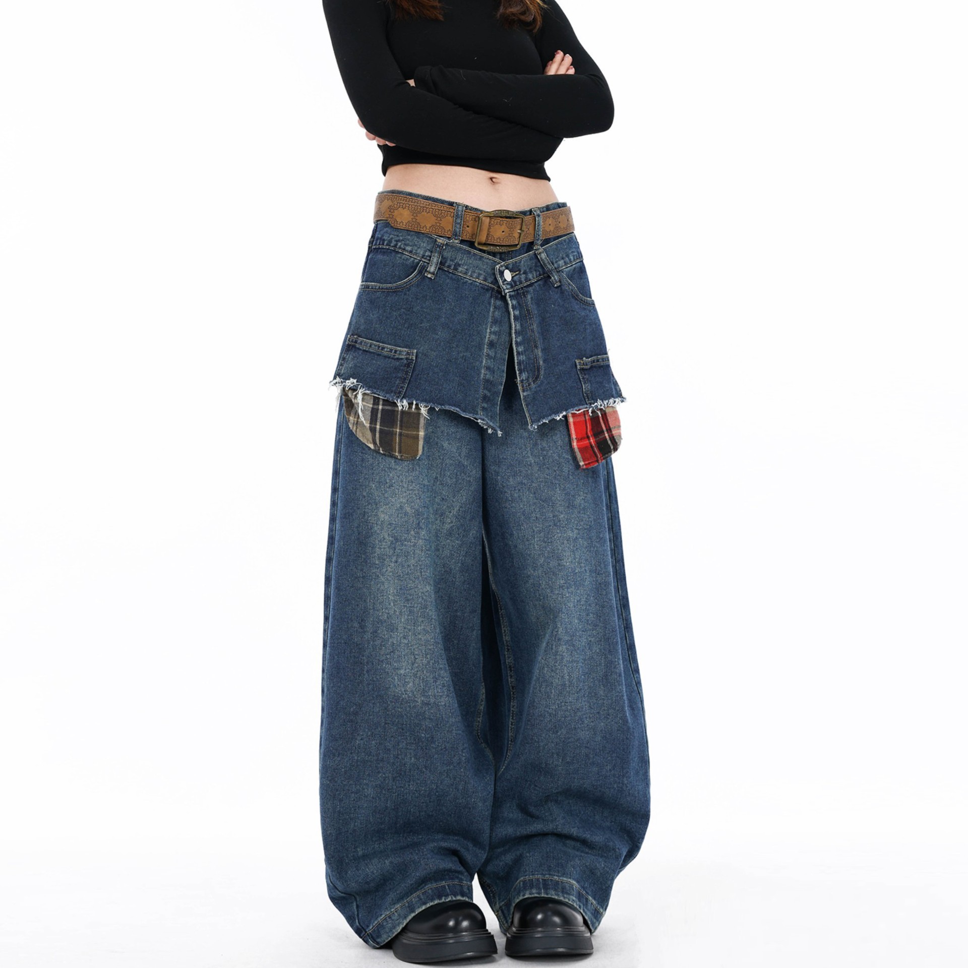 Men's Oversized Distressed Jeans High Street Style Fake Two-Pocket Design Relaxed Wide Leg Cotton Vintage Wash Unisex Streetwear_mkmklike.com