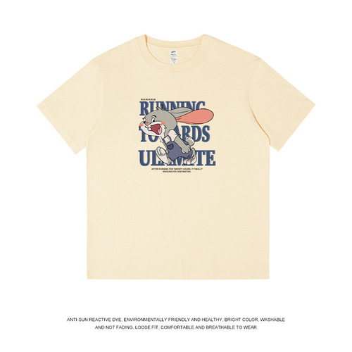 Men's Loose Summer Trend Brand T-Shirt with Rabbit Japanese Style Print, Crew Neck Casual Half-Sleeve Sweatshirt