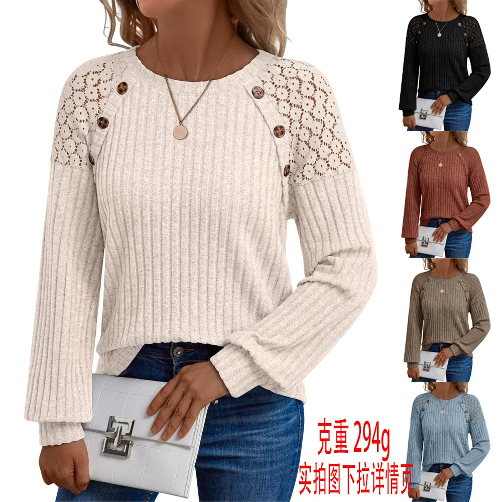 2025 трансграничная популярная на Amazon европейская и американская одежда с круглым вырезом, однотонный повседневный топ с длинными рукавами и полыми пуговицами