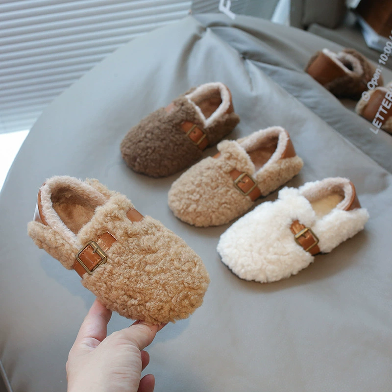 Детская меха обувь 2024 зимняя корейская девушка овечий кудрявый ленивый хлопок обувь