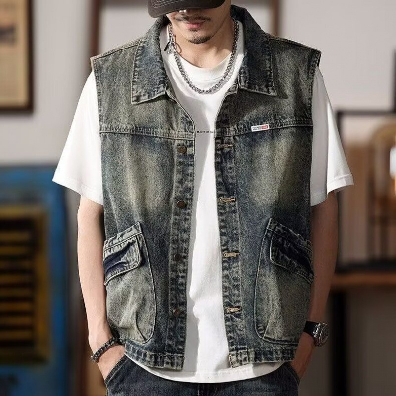 American Retro Vintage Denim Vest for Men, Autumn Loose Fit, Large Size Sleeveless Workwear Vest with Large Pockets