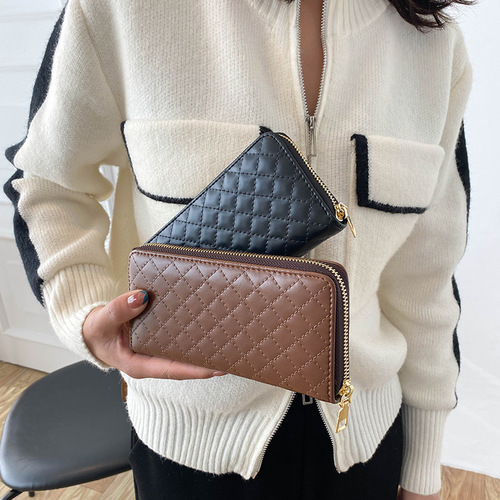 Cross-border  women's rhombus embroidery thread long wallet multi-card slot mobile phone bag large capacity fashion card holder coin purse