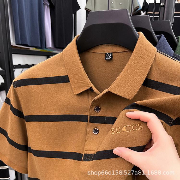 New Men's Lapel Short-sleeved T-shirt Men's Polo Shirt Casual All-match Outer Wear Men's Beautiful Color Striped T-shirt