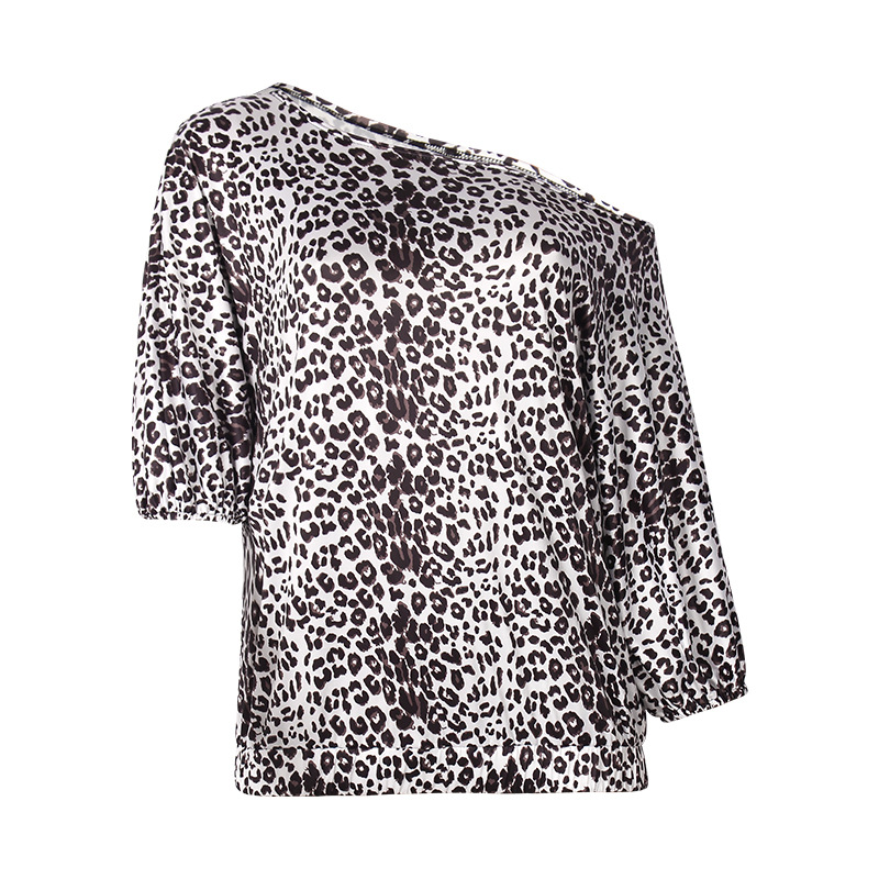 leopard print oblique collar strapless short sleeve casual style T-shirt NSZH57911