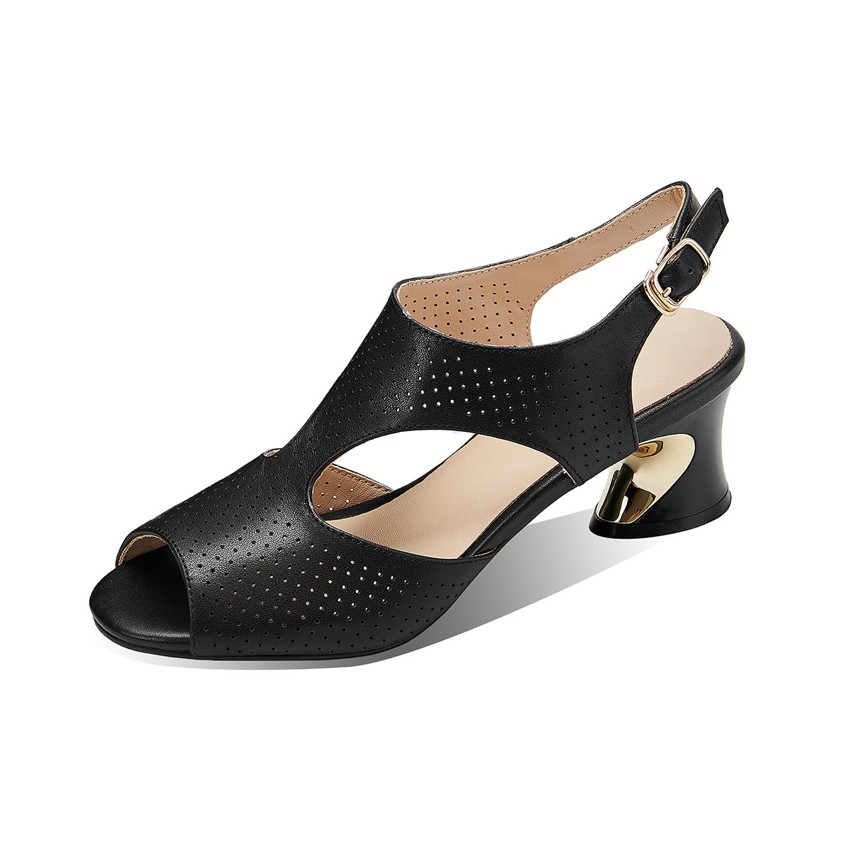 Sandal nữ quai ngang khóa da bò lớp 1 gót vuông hở mũi hở gót — Màu đen