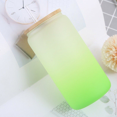 Sublimation glass with straw, bamboo lid, gradient frosted water cup, multiple specifications, Coke cup, cold drink can, Mason cup