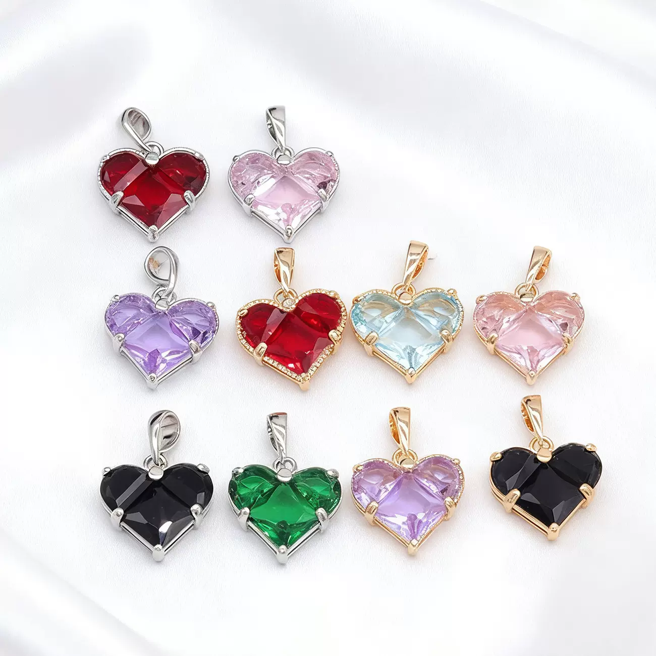 彩色新款桃心爱心锆石拼接吊坠 轻奢心形挂坠diy项链手作配件材料