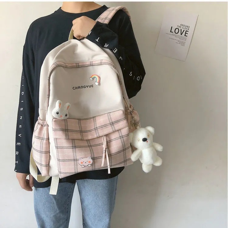 ins森系小清新高中书包女学生韩版初中格子简约学院风双肩包背包