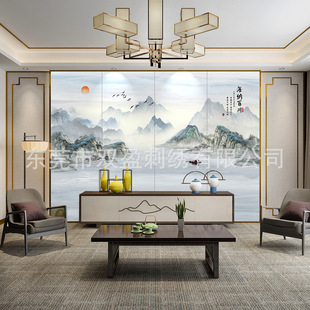 Chinese-Style Embroidered Mural Hard-Packed Landscape National Trend Finely Carved Leather Carving Partition Lighting Wall Art Wood Carving Background Wall