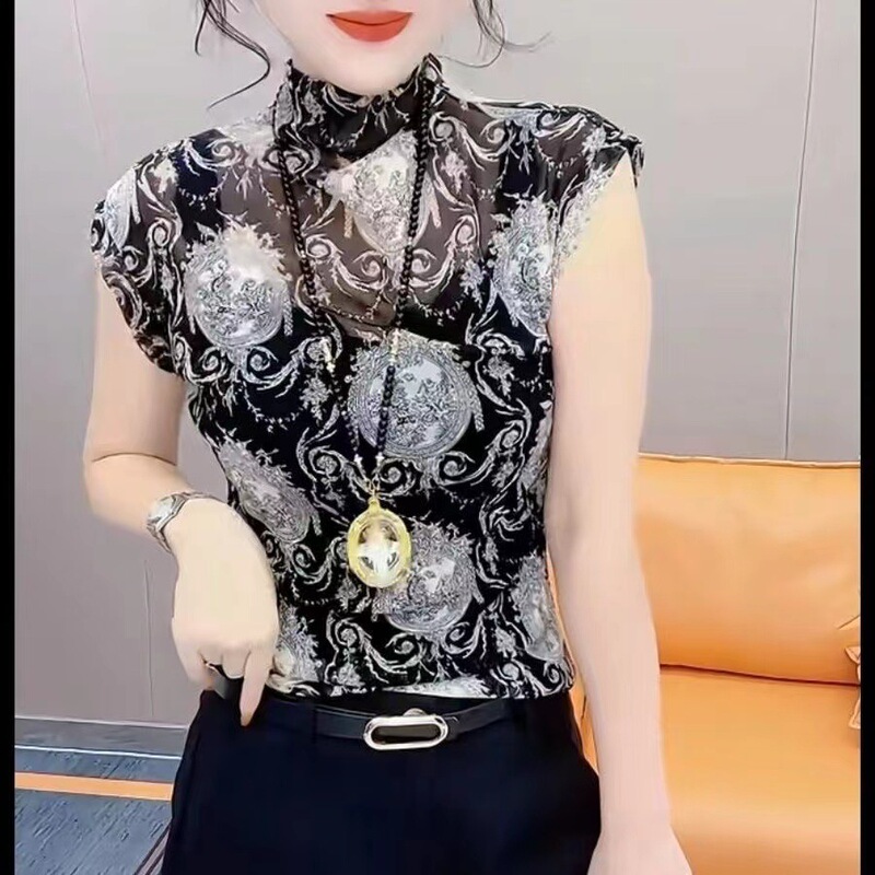 Summer New Style Small Shirt 2024 High-end European Printed Micro-transparent High-stretch Slim-fit Elegant All-match Women's Top Trendy