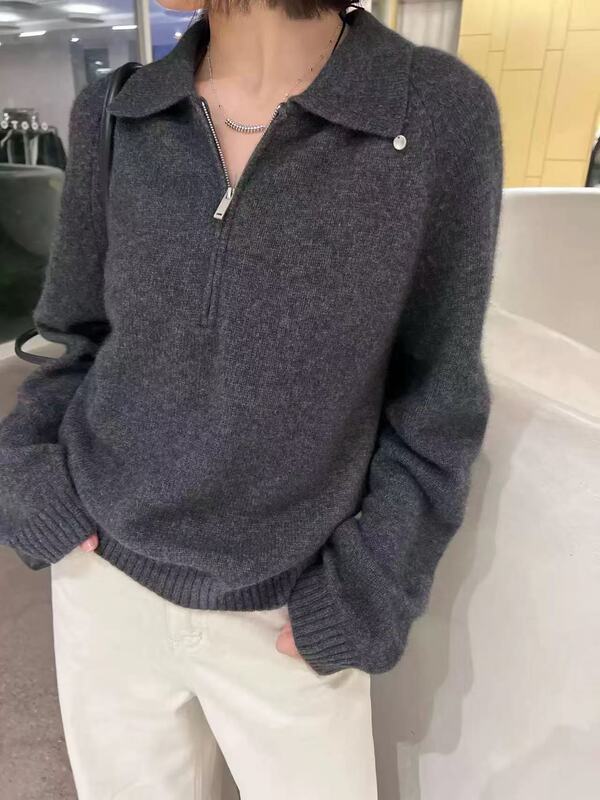 韩版polo领半拉链套头毛衣女秋冬季新 款休闲慵懒风 百花绒针织衫|undefined