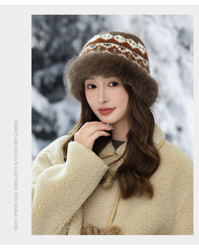 Cappello da pescatore invernale retrò in stile etnico jacquard lavorato a maglia, in pelliccia di coniglio, caldo, spesso e antifreddo_voghion.com