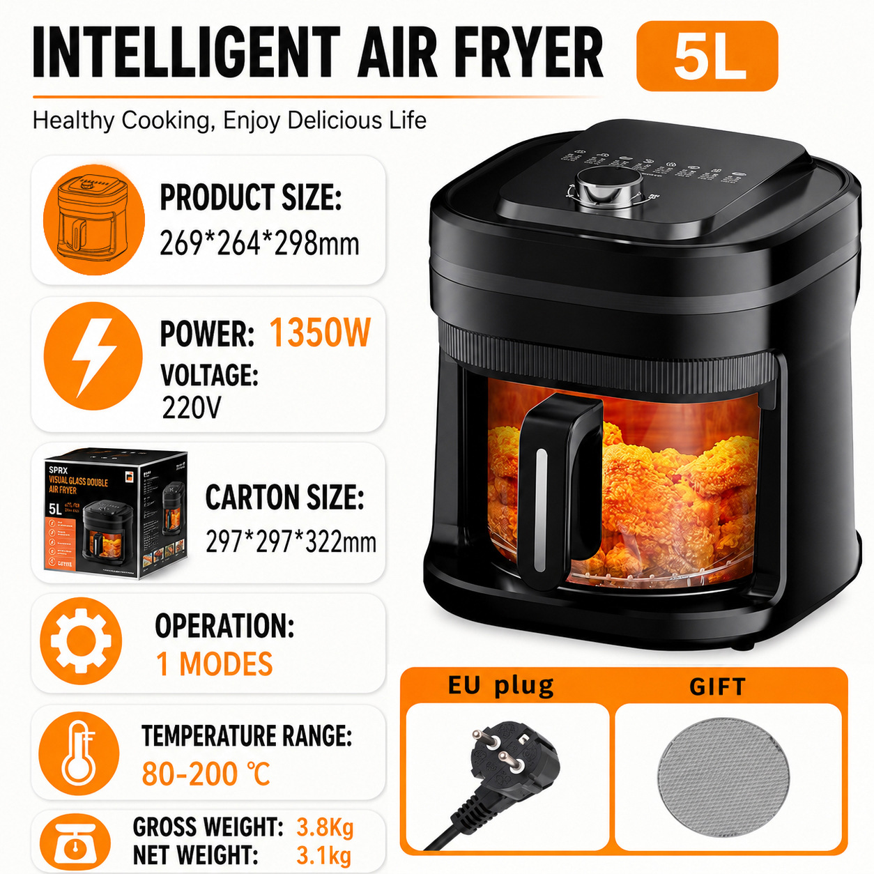 Friteuse à air mécanique 5L à bouton unique avec fenêtre de visualisation - Norme européenne