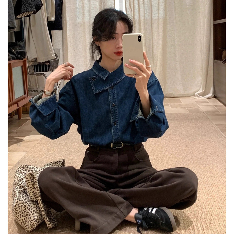 French Style New Temperament Right Shoulder Denim Shirt Women's Design Niche Chic Top Retro Layered Vest Shirt