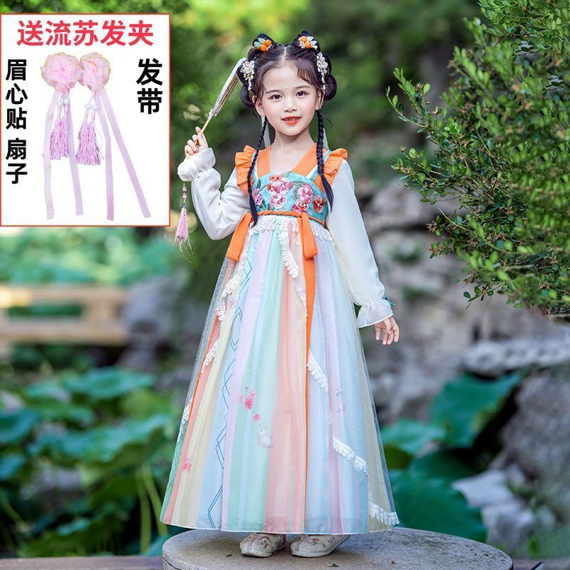 儿童早春汉服女樱花公主长袖高端古装超仙春季唐装春秋女童连衣裙