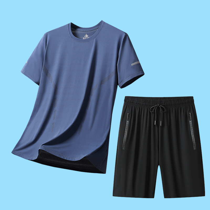 Transfronterizo Hielo rápido secado juego deportivo hombre de verano mangas cortas camiseta cool running pantalones cortos delgados fitness dos piezas set