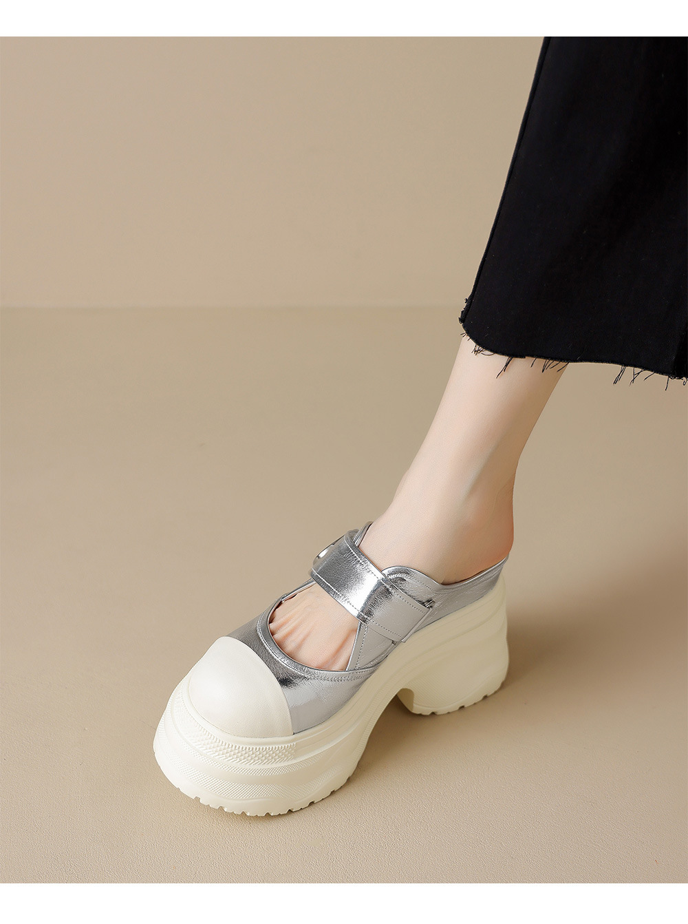 Dép lê đế dày 12cm nữ bít mũi phối màu quai Velcro — Màu vàng trắng, Màu trắng bạc chi tiết 6