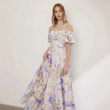 2025跨境新款露肩欧美女装时尚欧根纱仙气长款气质晚礼服连衣裙