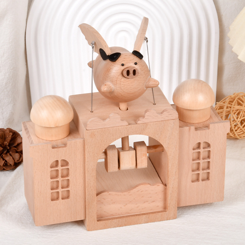 Caja de música de madera de haya de Douyin, decoración giratoria, caja de música de cerdo volador de manivela, regalo de cumpleaños, juguete de madera para niños