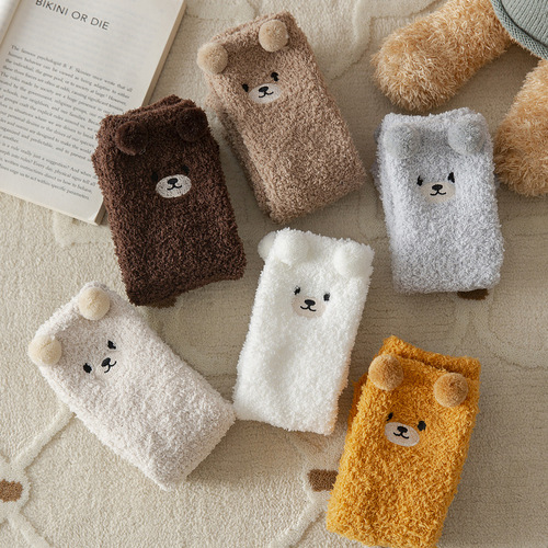 Coral velvet socks for women in winter thickened plush warm sleep socks cute cartoon floor socks plus stockings batch