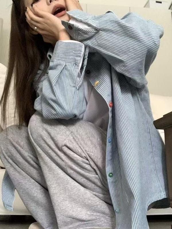 复古水洗条纹Polo领防晒衬衫女春秋季慵懒风中性港风休闲长袖上衣|undefined