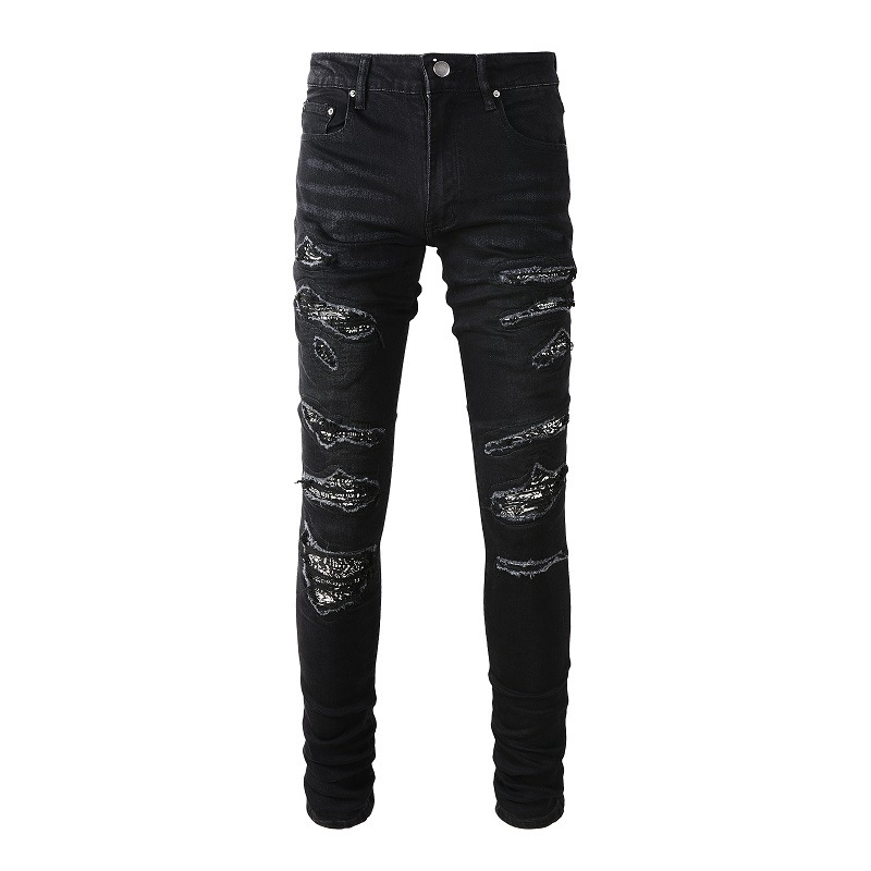 Herrenbekleidung Jeans Herren Cashew Blumen Patch Street Fashion Marke Slim Fit Röhrenjeans mit Löchern_voghion.com