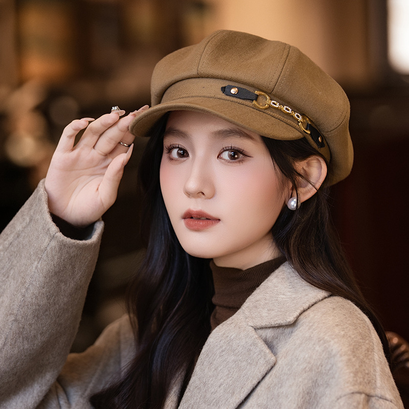 新款显脸小平顶鸭舌帽英伦风秋冬女士鸭舌帽八角帽女贝雷报童帽子|undefined
