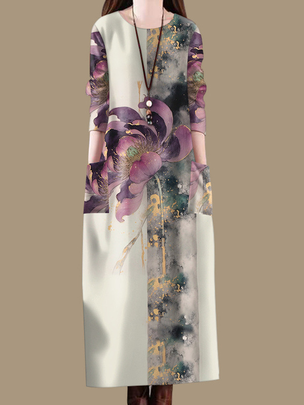 New Spring and Autumn Off-Size Long-Sleeve Pocket Over-The-Knee Loose Round-Neck Printed Dress for Women
