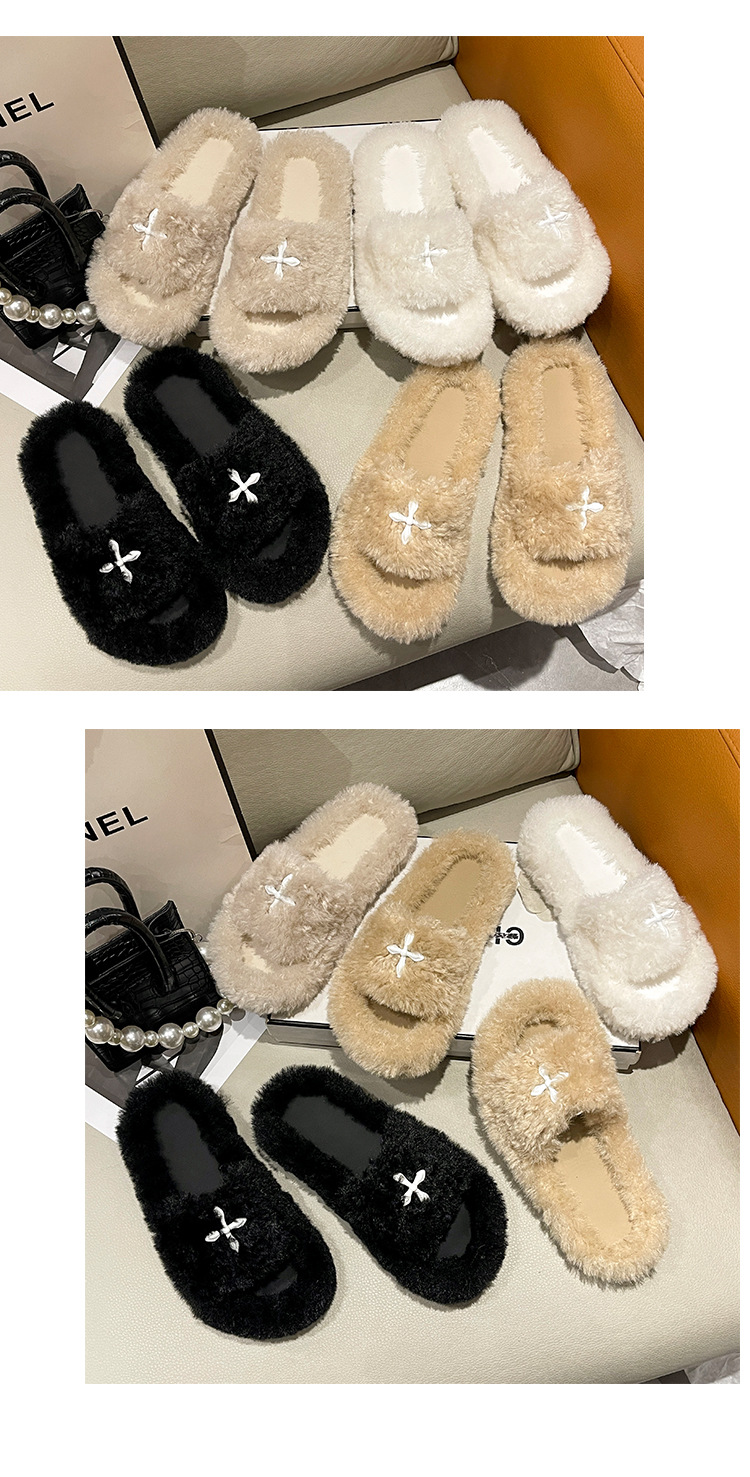 Plush Slippers For Women Comfortable Wool Flat Slip-ons Black_voghion.com