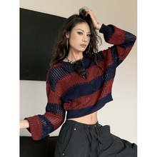 2024秋冬新款辣妹拼色毛衣女宽松慵懒风复古镂空撞色针织衫W5633