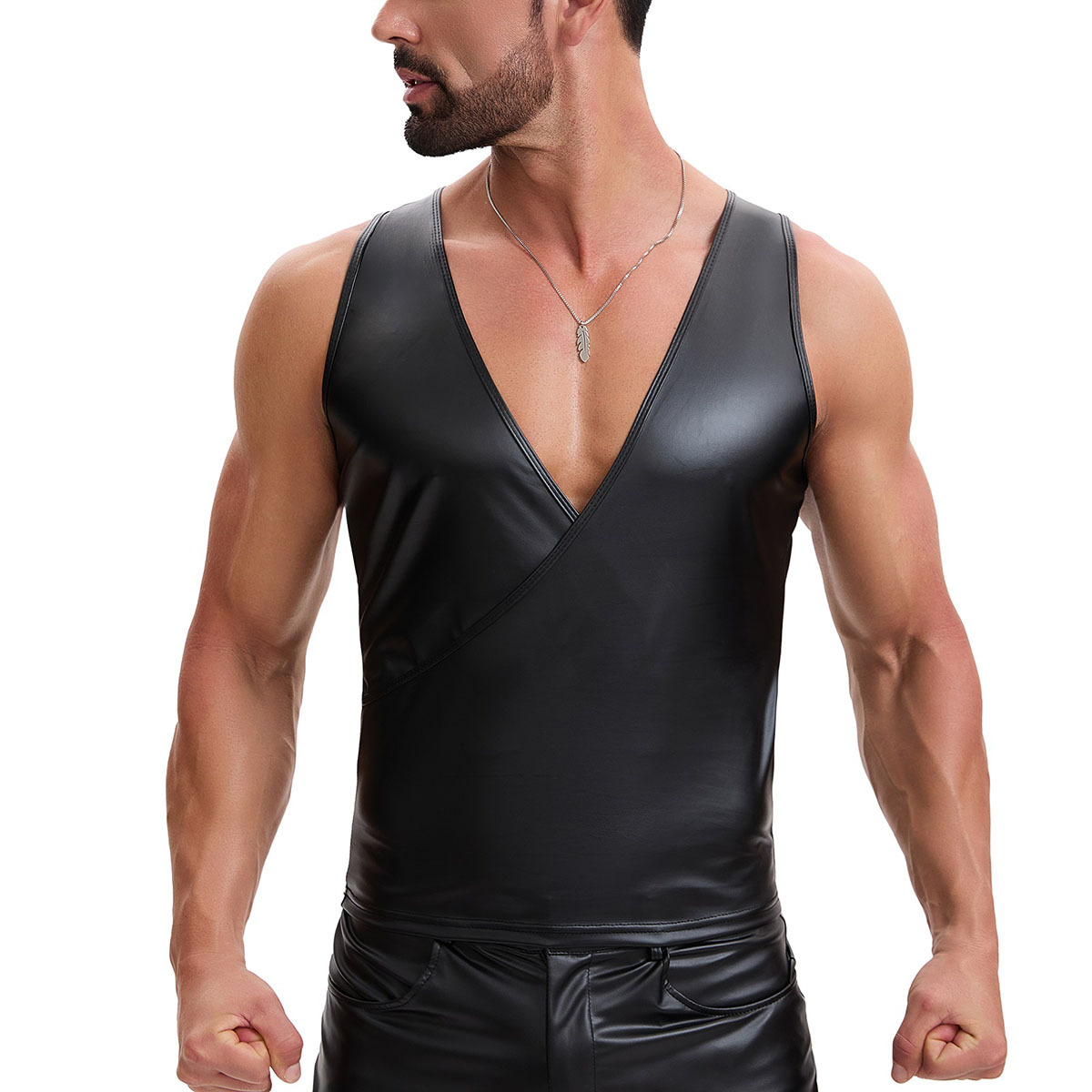 Cross-Border European and American Men's Matte Leather Vest with Cross V-Neck, Sleeveless Slim-Fit Top, Punk Street Fashion, Nightclub Wear