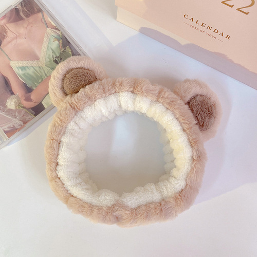 Original design autumn and winter fluffy bear round ear hair tie with rabbit fur embroidery ears face washing makeup hair tie