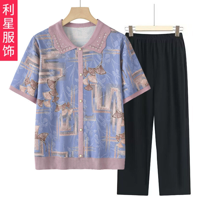 Женщины среднего и пожилого возраста с летним принтом трикотажный отворот бабушки с короткими рукавами футболка тонкая мама платье сумка рубашка